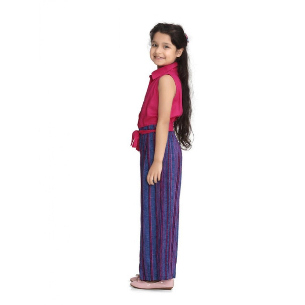 Girl's Rayon Colour Block Sleeveless Jumpsuit — Pink-Blue