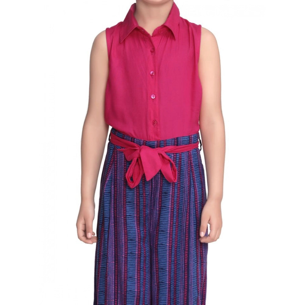 Girl's Rayon Colour Block Sleeveless Jumpsuit — Pink-Blue