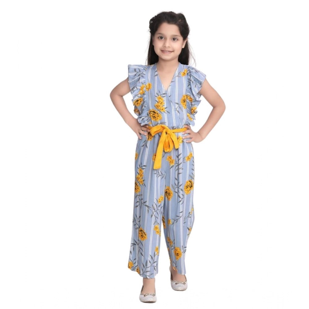 Girl's Rayon Floral Flutter Jumpsuit — Blue-Yellow