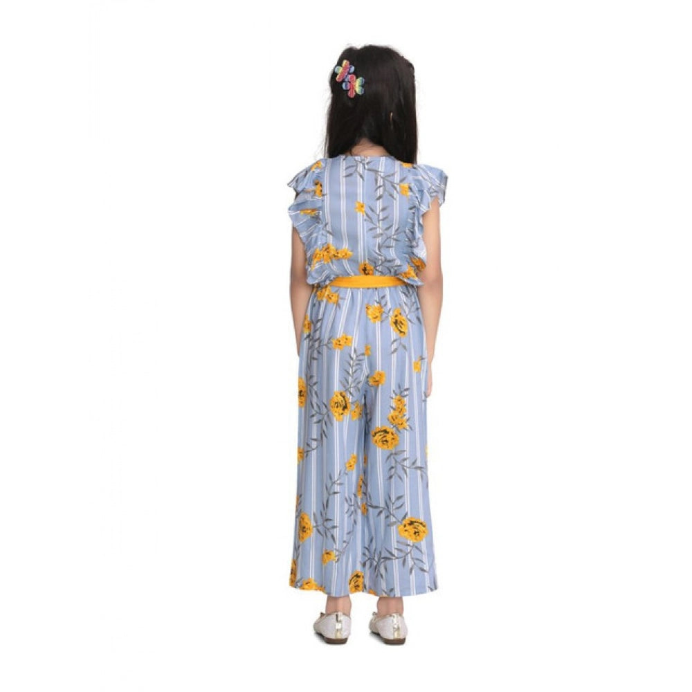 Girl's Rayon Floral Flutter Jumpsuit — Blue-Yellow