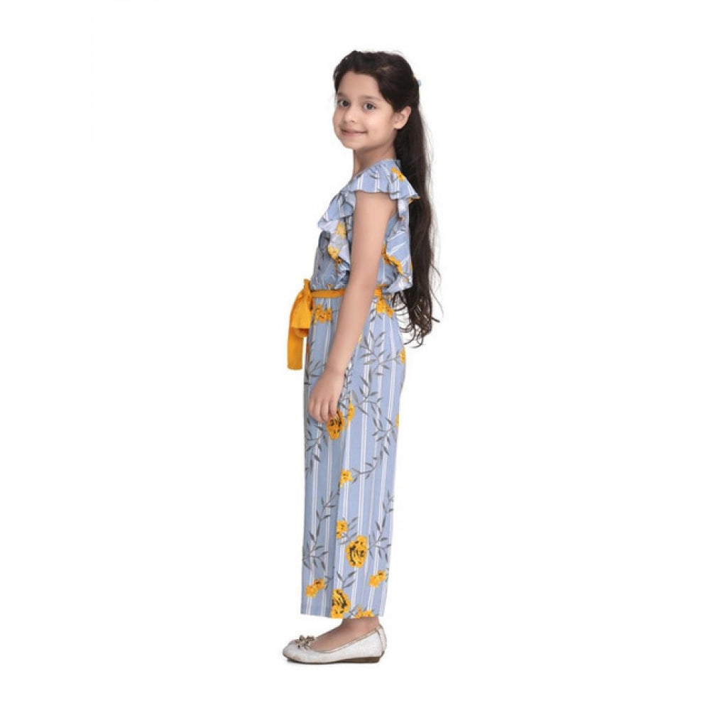 Girl's Rayon Floral Flutter Jumpsuit — Blue-Yellow