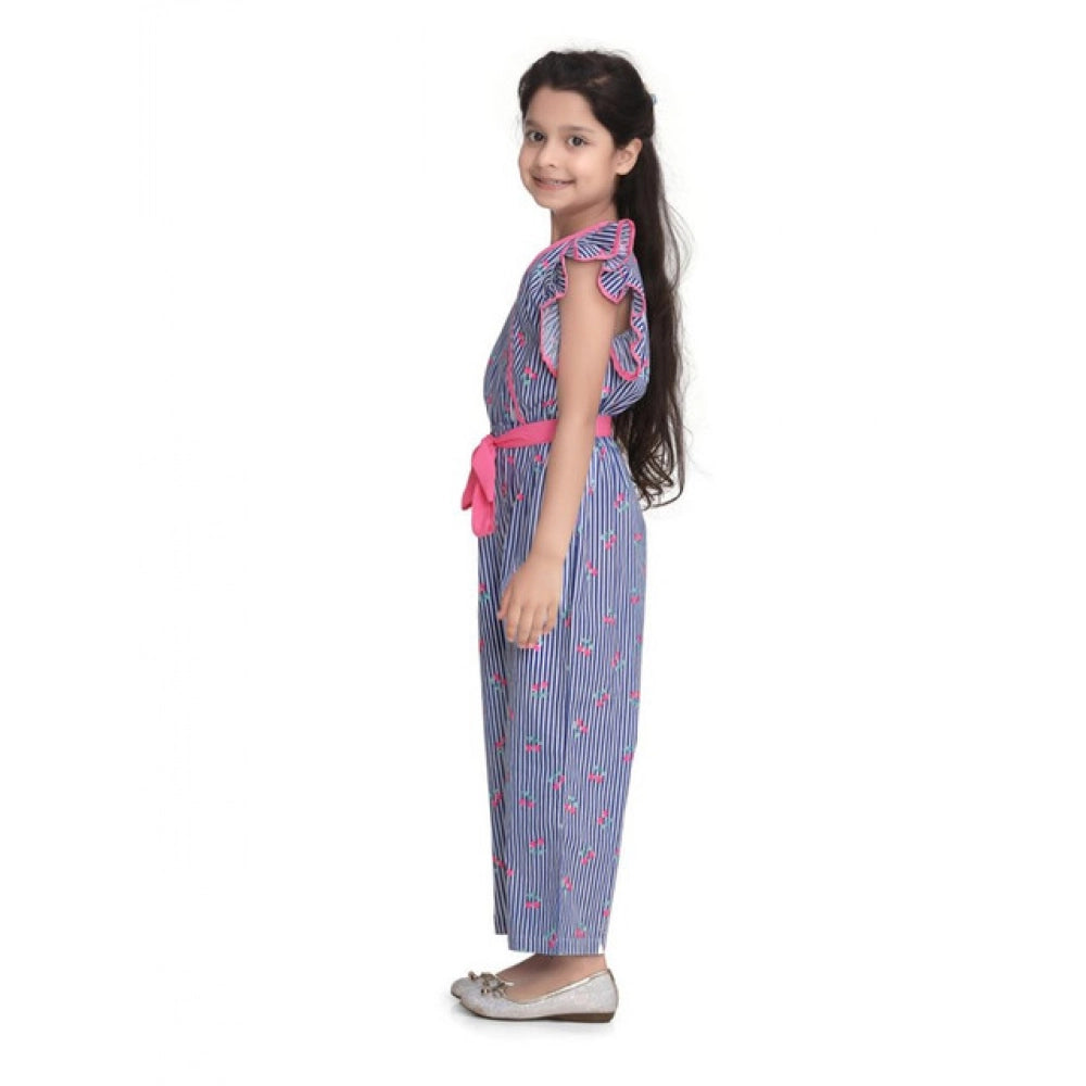Girl's Cotton Striped Flutter Jumpsuit — Blue-Pink