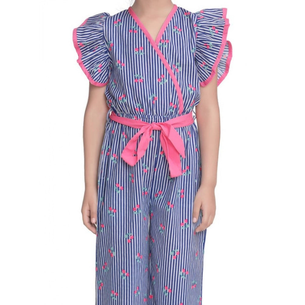 Girl's Cotton Striped Flutter Jumpsuit — Blue-Pink