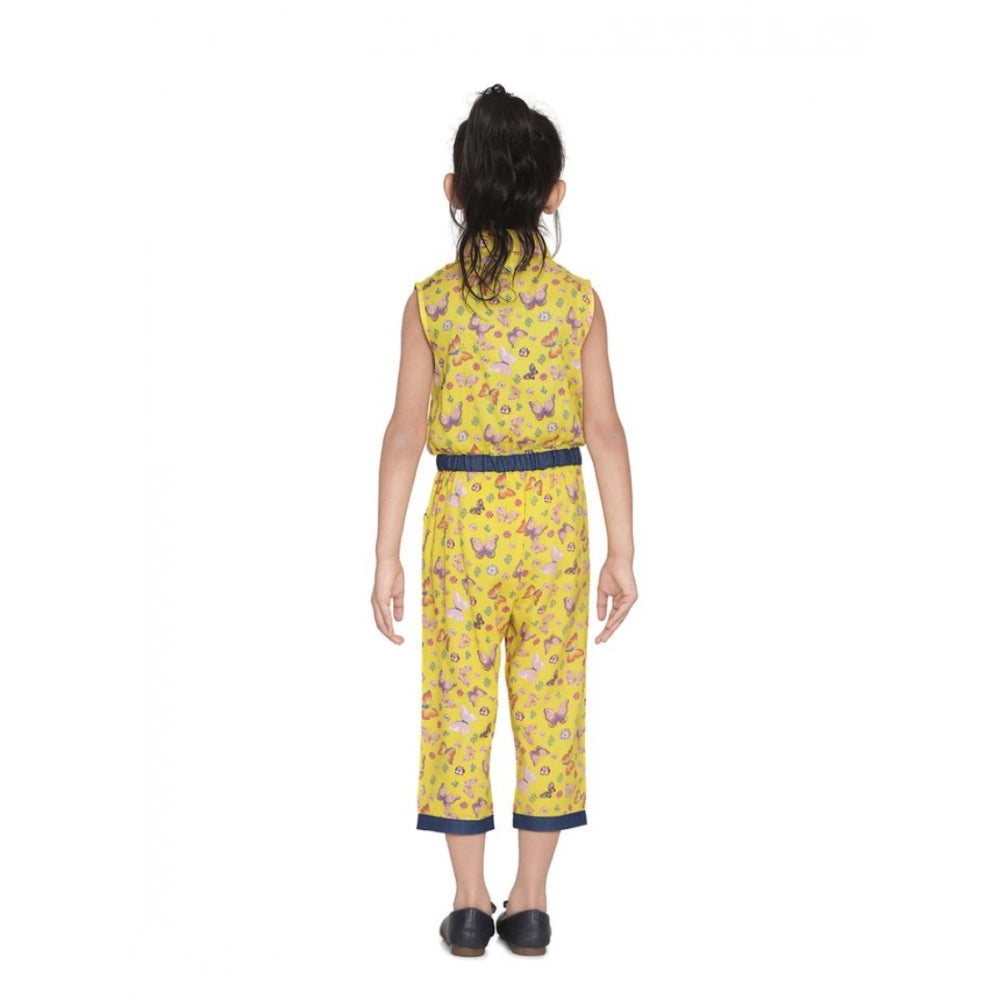 Girl's Cotton Printed Sleeveless Jumpsuit — Yellow