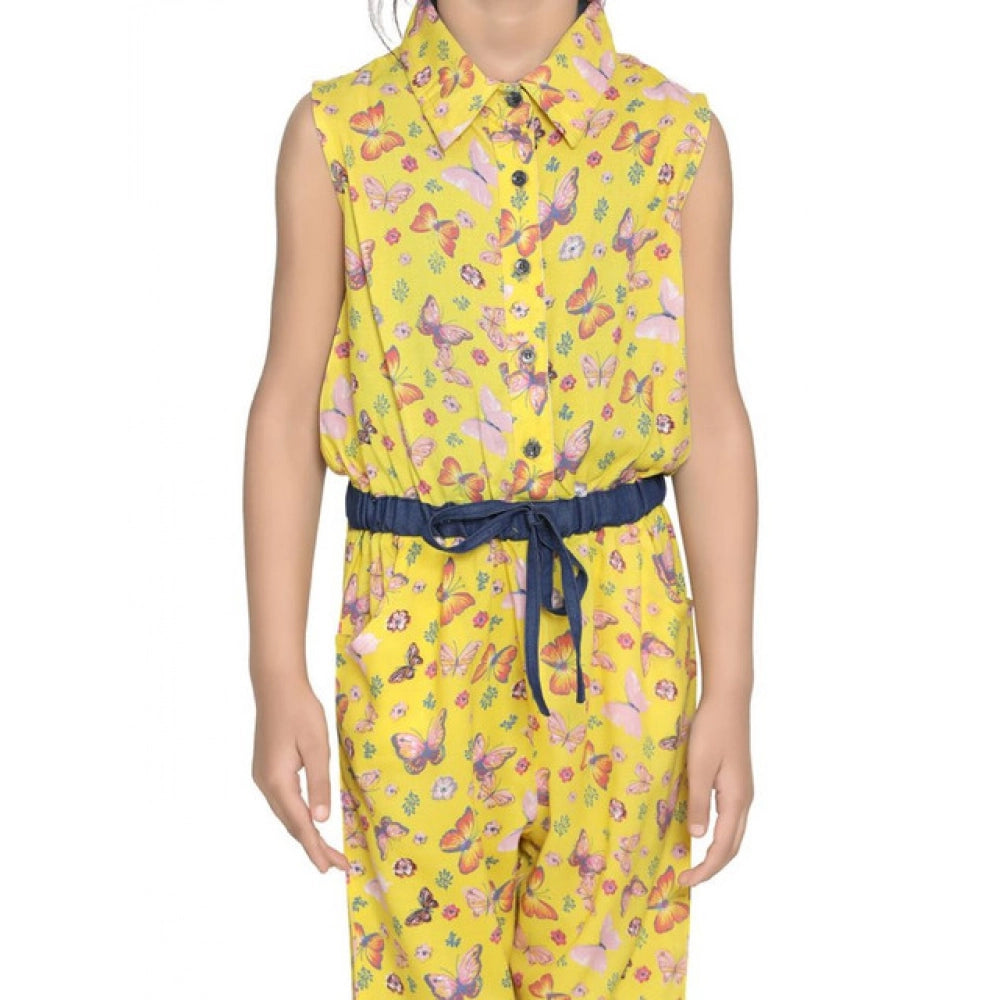 Girl's Cotton Printed Sleeveless Jumpsuit — Yellow