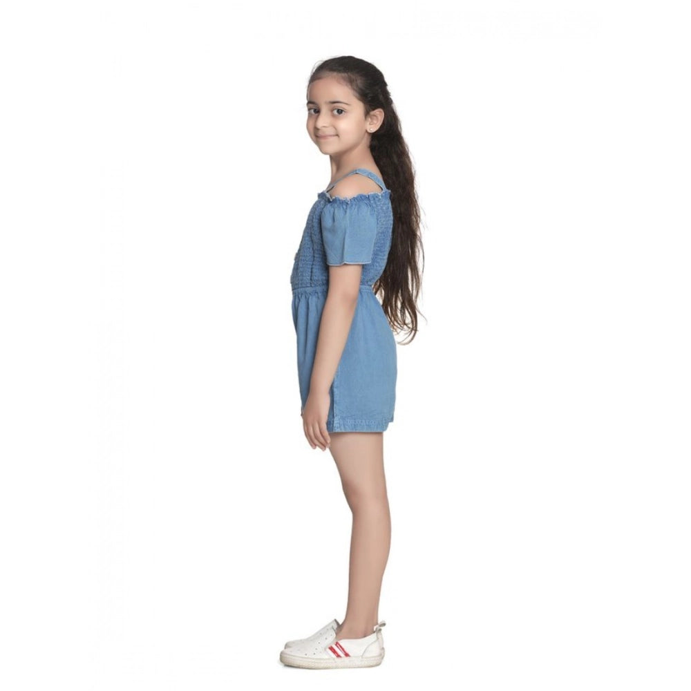Girl's Rayon Solid Sleeveless Jumpsuit — Blue