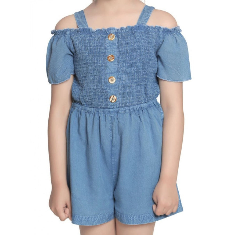 Girl's Rayon Solid Sleeveless Jumpsuit — Blue