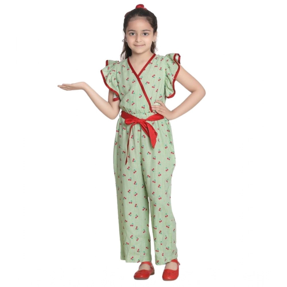 Girl's Rayon Printed Flutter Jumpsuit — Green