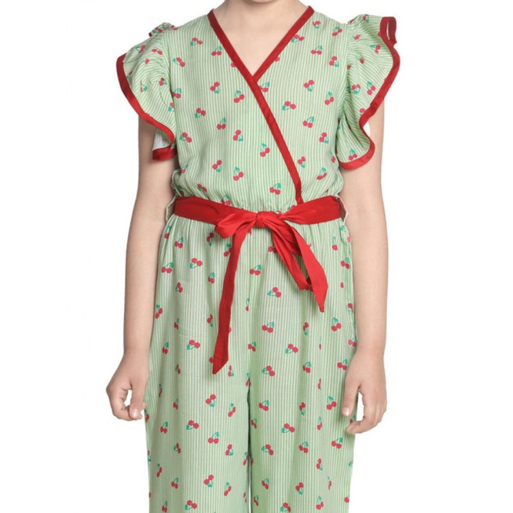 Girl's Rayon Printed Flutter Jumpsuit — Green