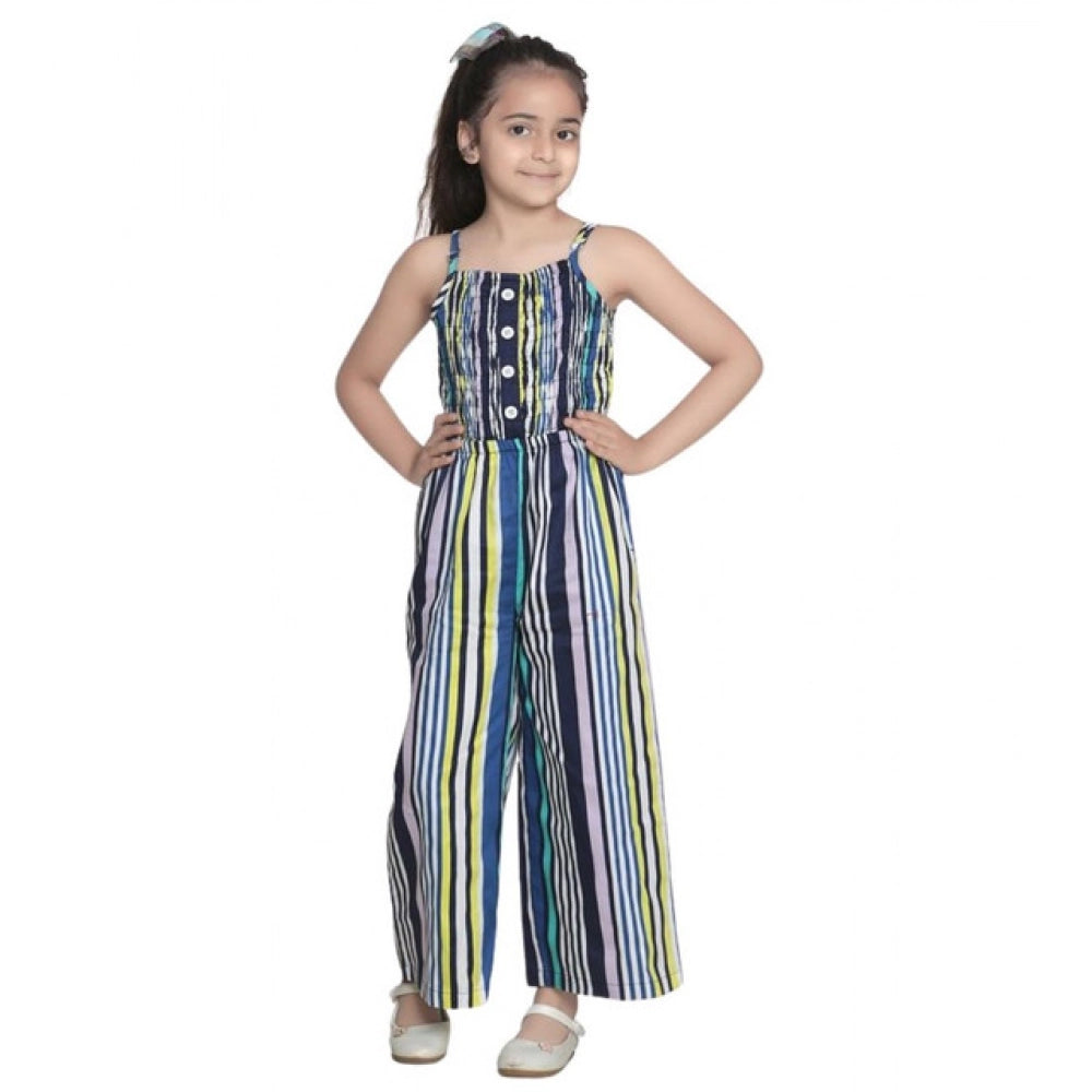 Girl's Rayon Striped Sleeveless Jumpsuit — Blue