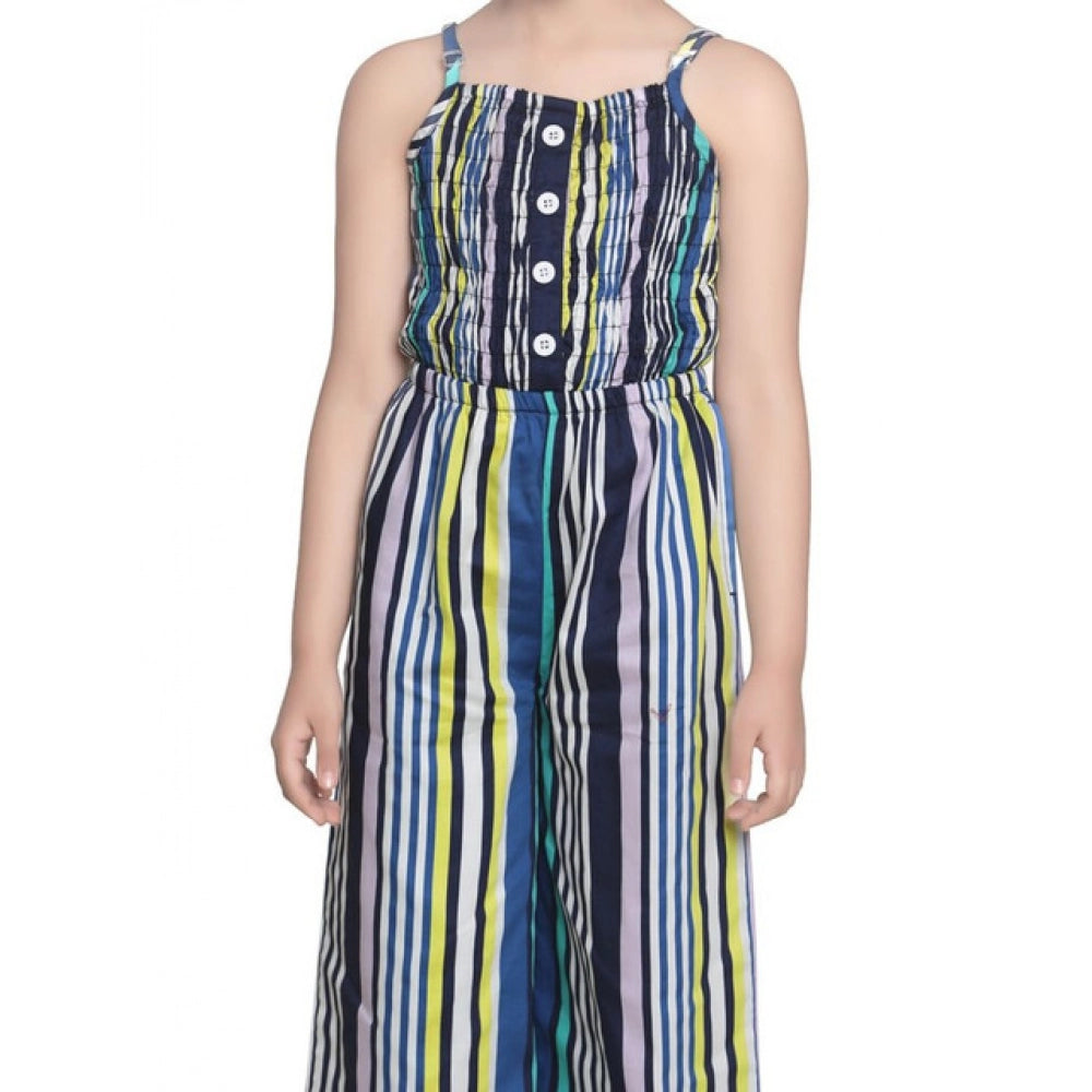 Girl's Rayon Striped Sleeveless Jumpsuit — Blue