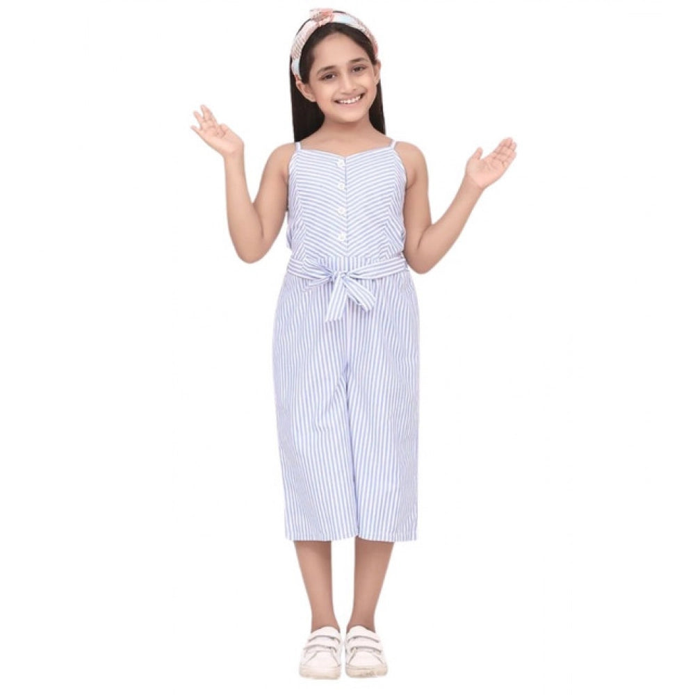 Girl's Cotton Blend Striped Sleeveless Jumpsuit — Light Blue