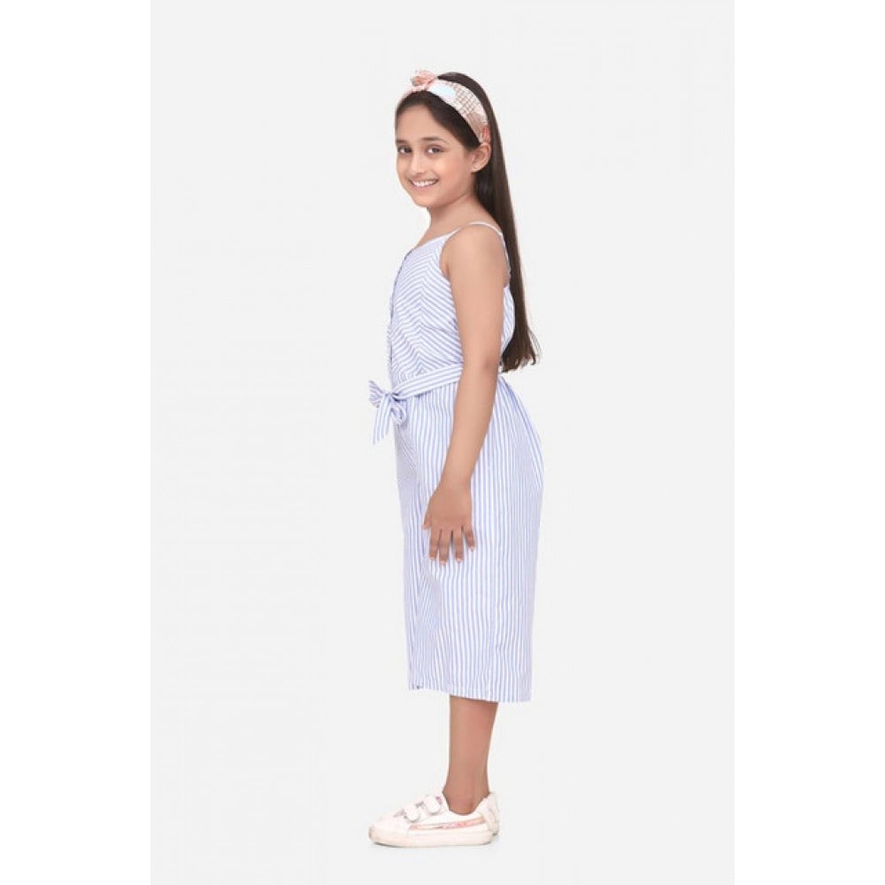 Girl's Cotton Blend Striped Sleeveless Jumpsuit — Light Blue