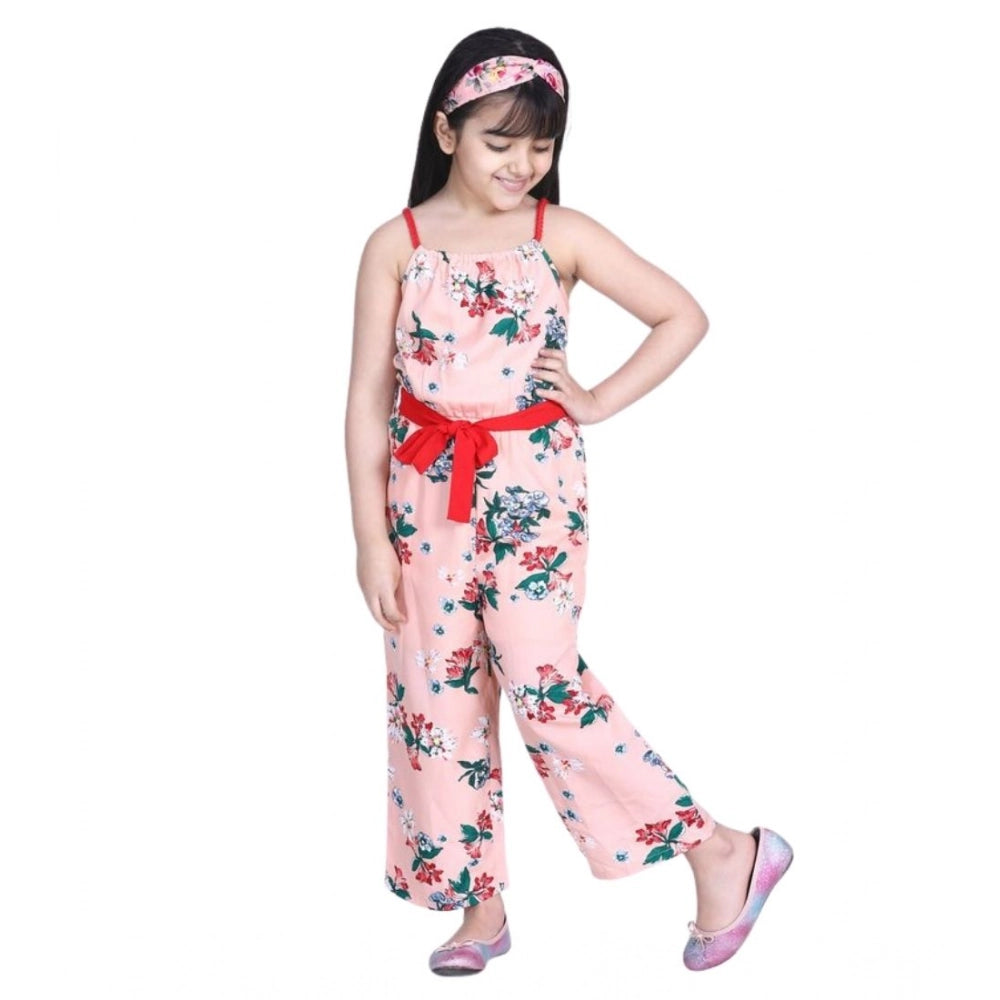 Girl's Crepe Floral Shoulder Straps Jumpsuit — Peach-Red