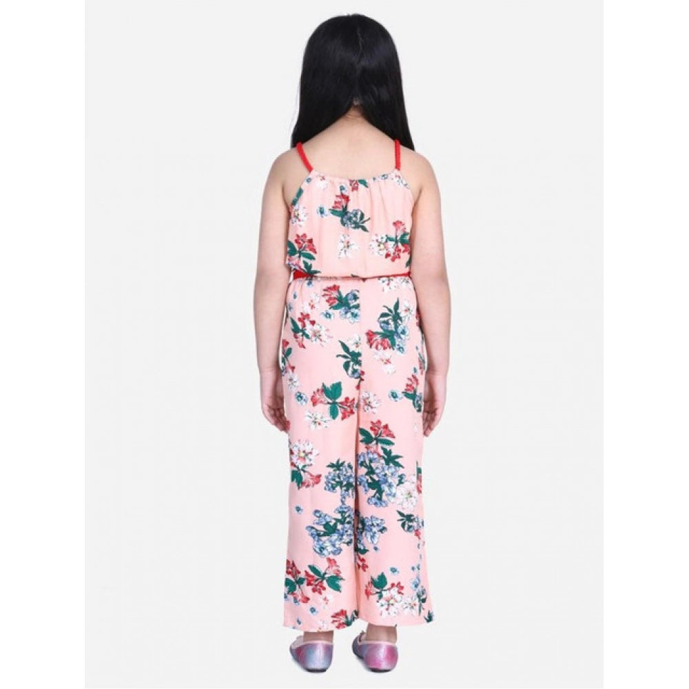 Girl's Crepe Floral Shoulder Straps Jumpsuit — Peach-Red