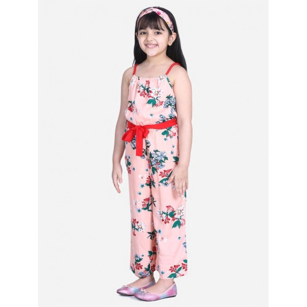 Girl's Crepe Floral Shoulder Straps Jumpsuit — Peach-Red