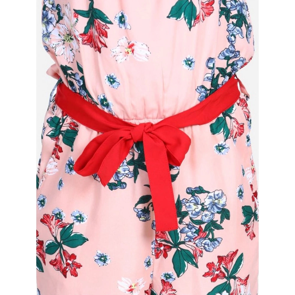 Girl's Crepe Floral Shoulder Straps Jumpsuit — Peach-Red