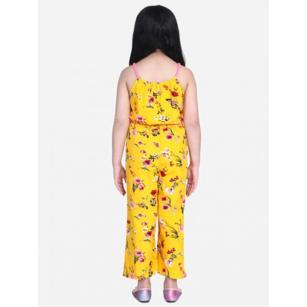 Girl's Crepe Floral Shoulder Straps Jumpsuit — Yellow-Pink