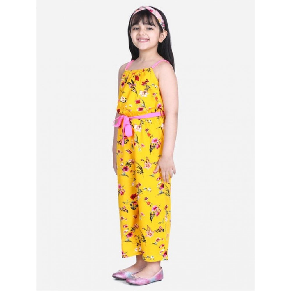 Girl's Crepe Floral Shoulder Straps Jumpsuit — Yellow-Pink