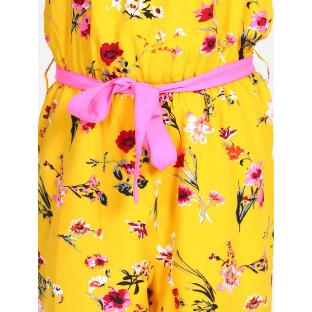 Girl's Crepe Floral Shoulder Straps Jumpsuit — Yellow-Pink