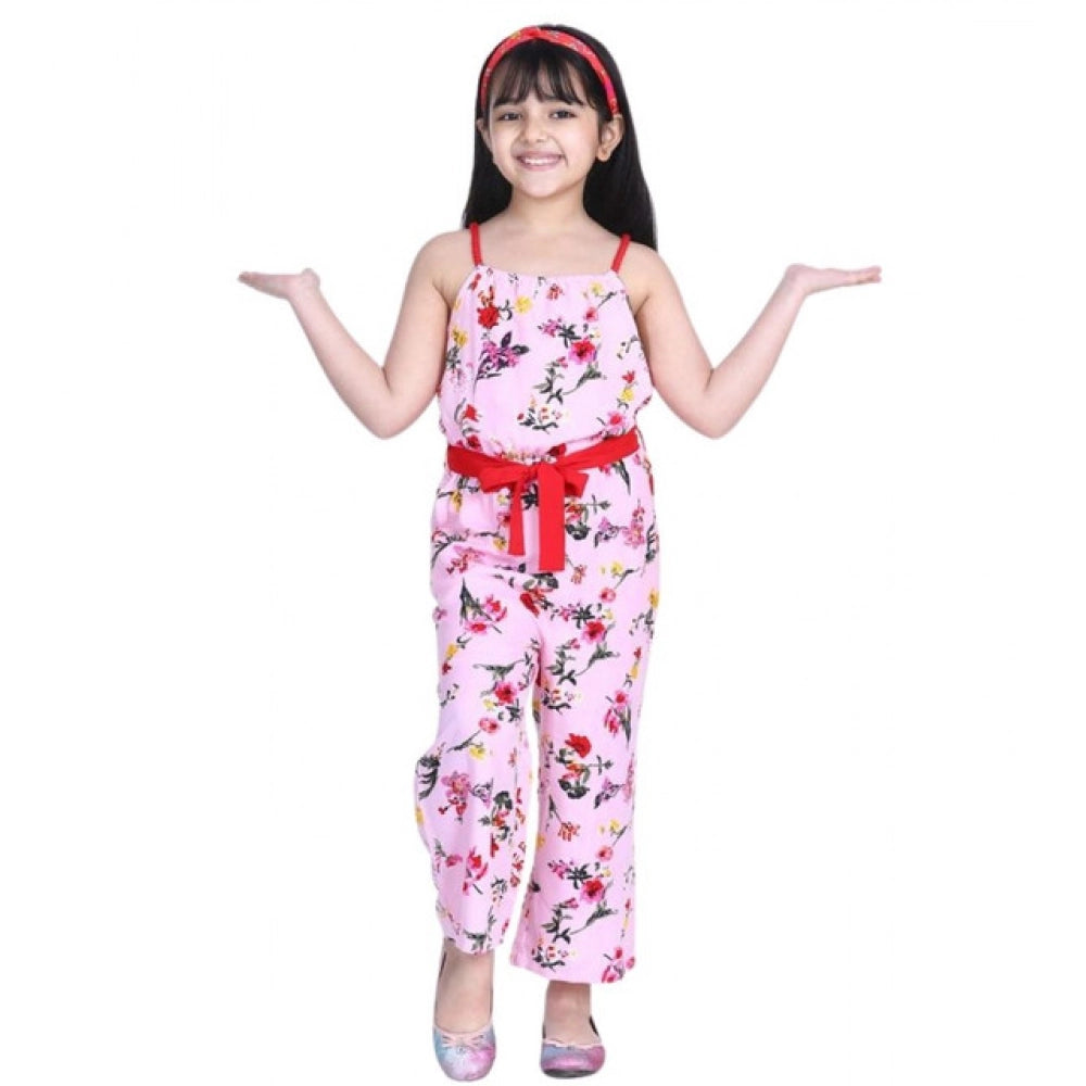 Girl's Crepe Floral Shoulder Straps Jumpsuit — Pink-Red