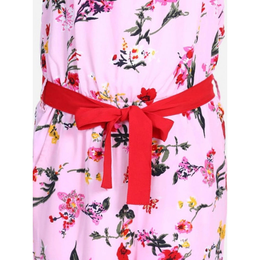 Girl's Crepe Floral Shoulder Straps Jumpsuit — Pink-Red