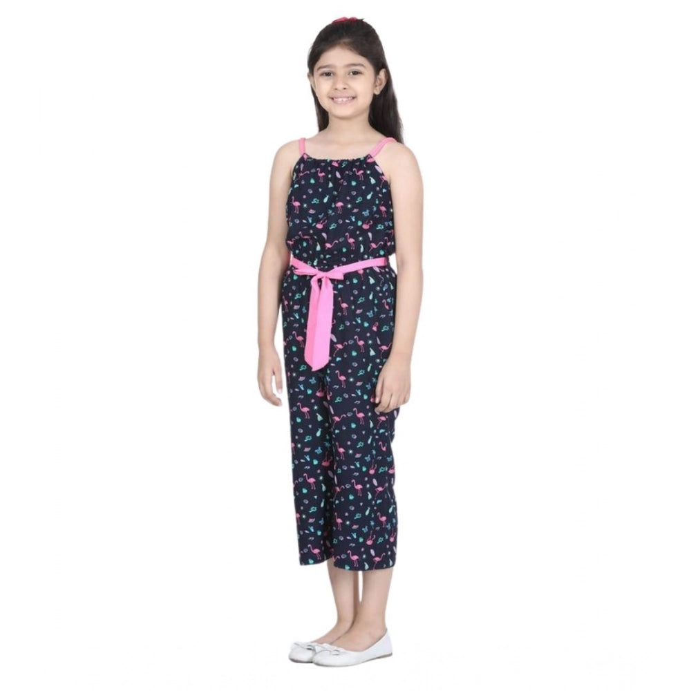 Girl's Rayon Flamingo Print Sleeveless Jumpsuit — Black-Pink