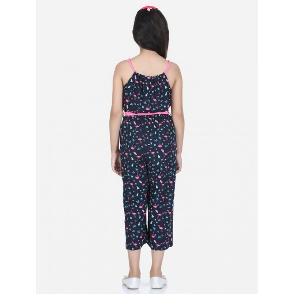 Girl's Rayon Flamingo Print Sleeveless Jumpsuit — Black-Pink
