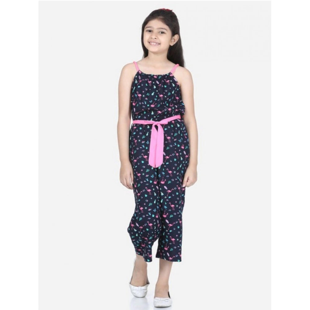 Girl's Rayon Flamingo Print Sleeveless Jumpsuit — Black-Pink