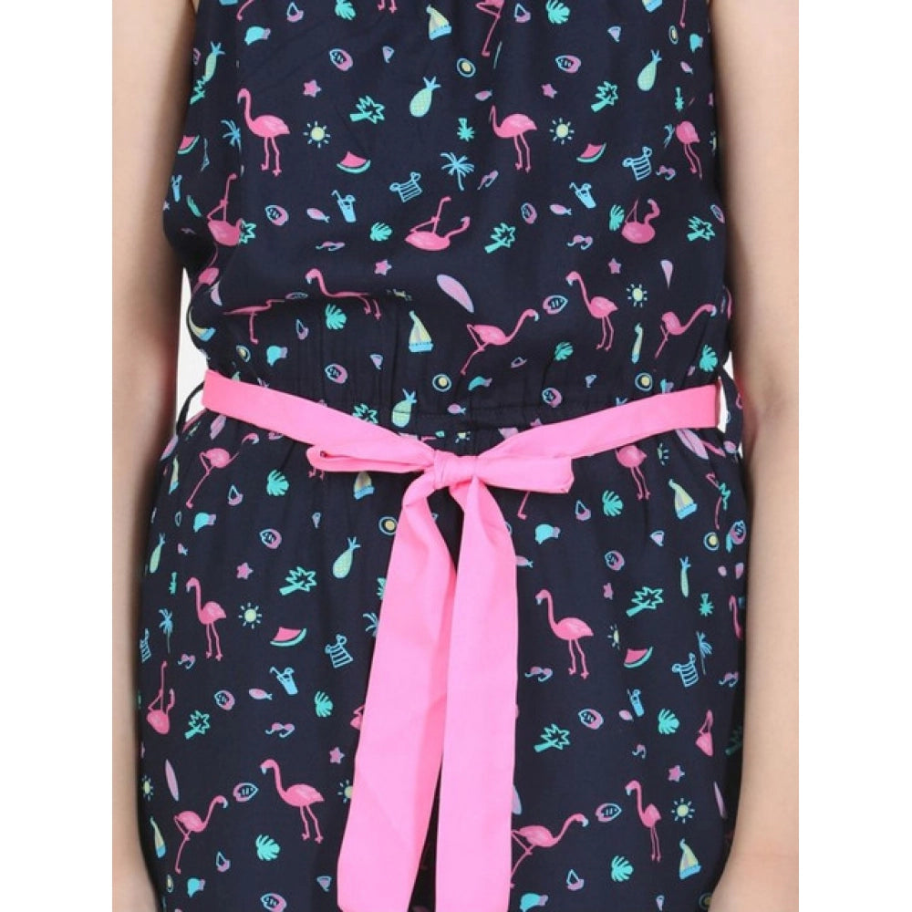 Girl's Rayon Flamingo Print Sleeveless Jumpsuit — Black-Pink