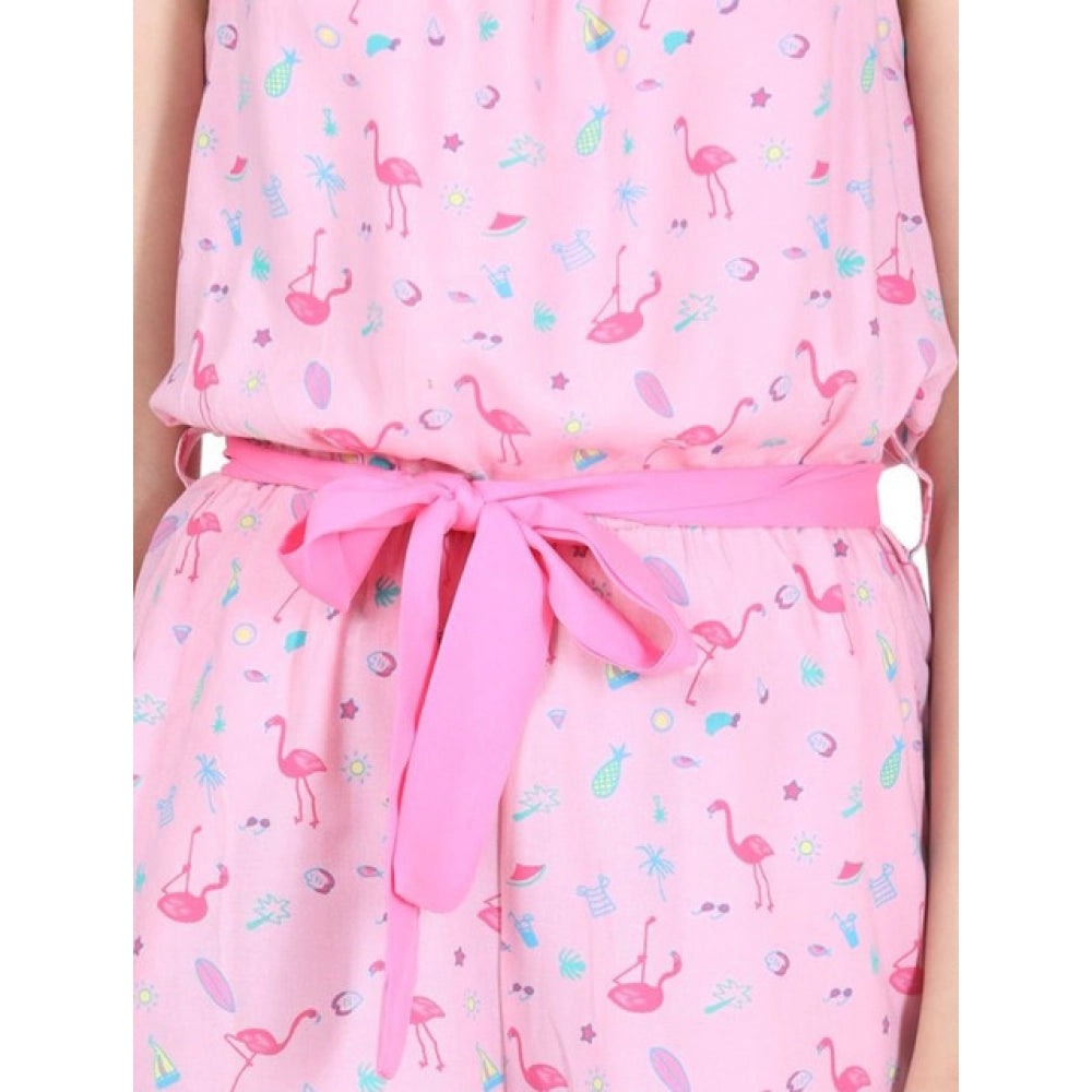 Girl's Rayon Flamingo Print Sleeveless Jumpsuit — Pink