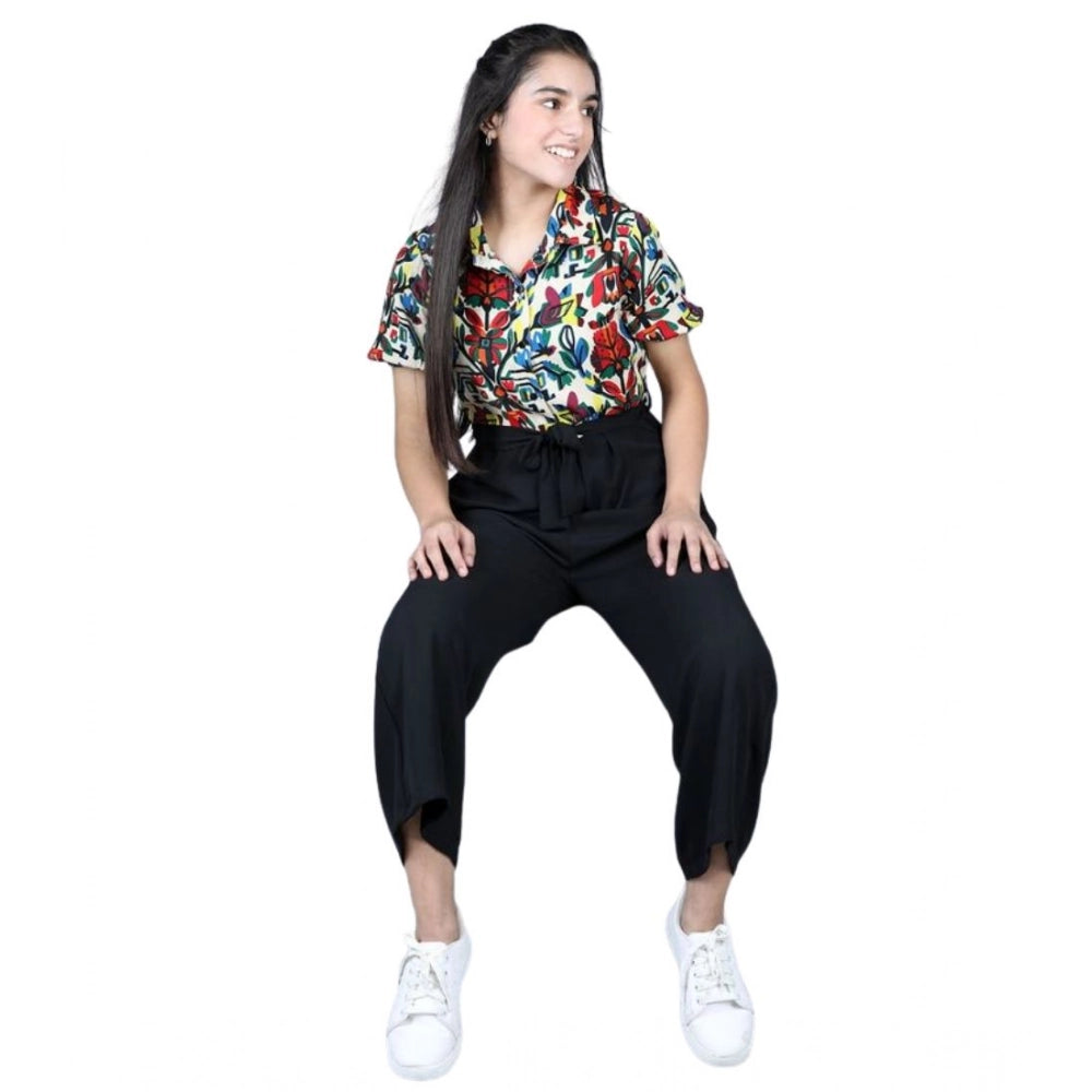 Girl's Printed Short Sleeves Jumpsuit — Multicolor-Black