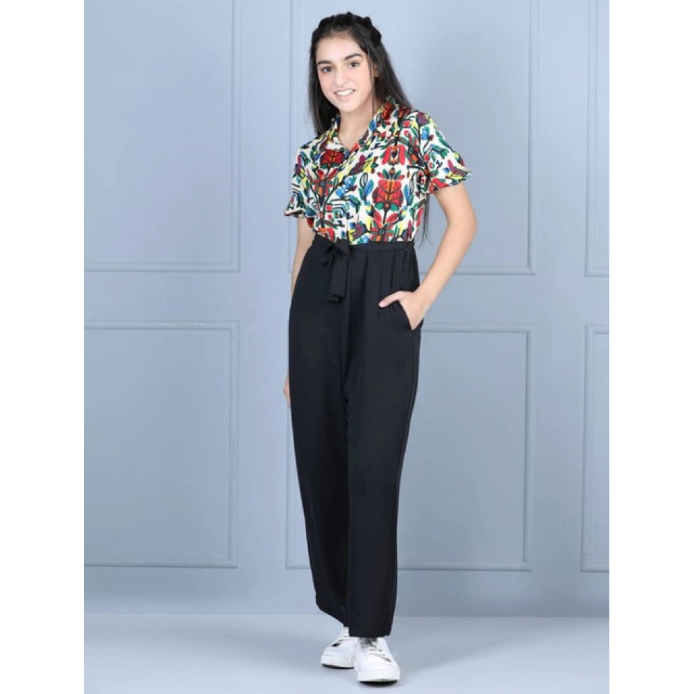Girl's Printed Short Sleeves Jumpsuit — Multicolor-Black