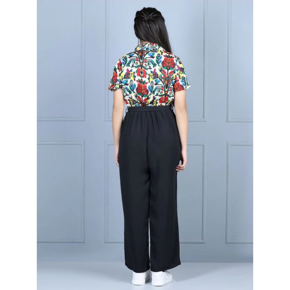 Girl's Printed Short Sleeves Jumpsuit — Multicolor-Black
