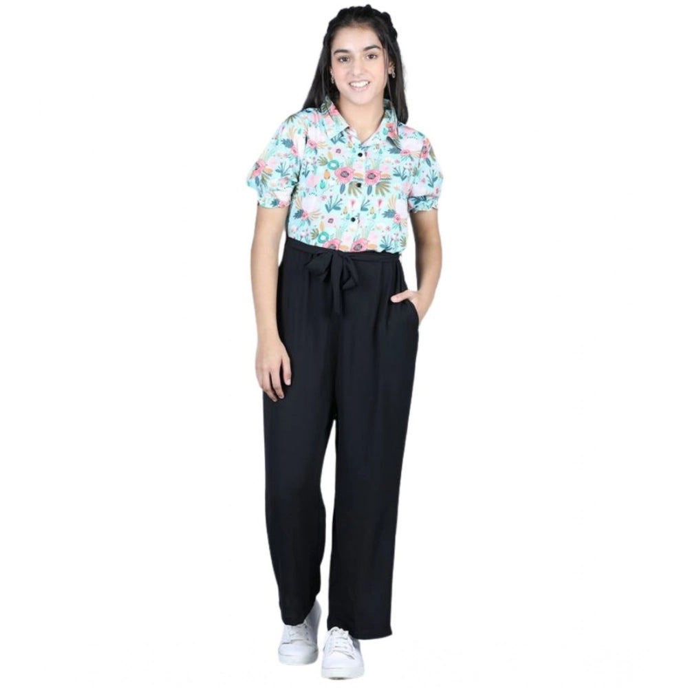 Girl's Floral Short Sleeves Jumpsuit — Green-Black