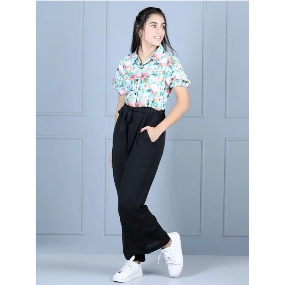 Girl's Floral Short Sleeves Jumpsuit — Green-Black