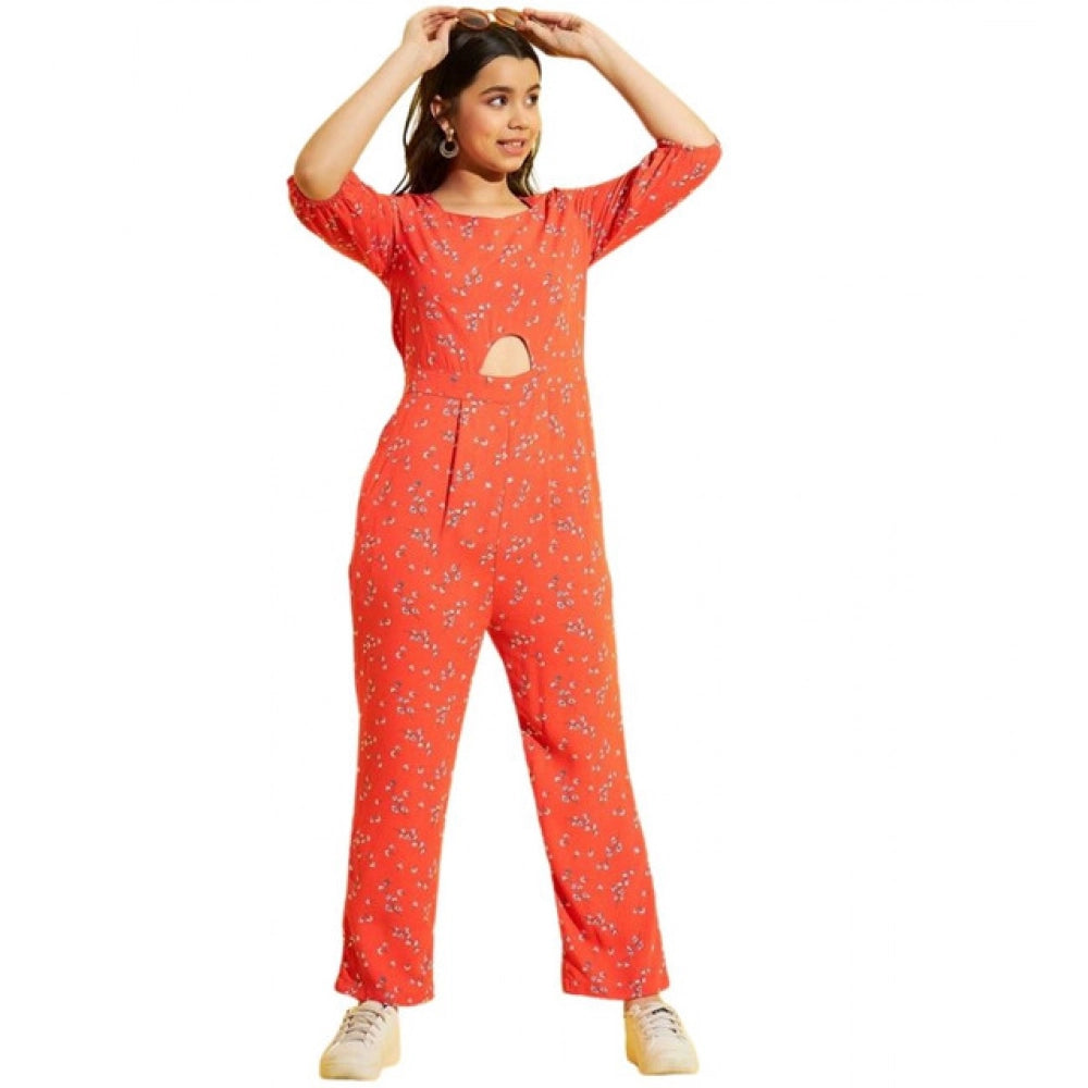 Girl's Floral 3/4th Sleeve Jumpsuit — Coral