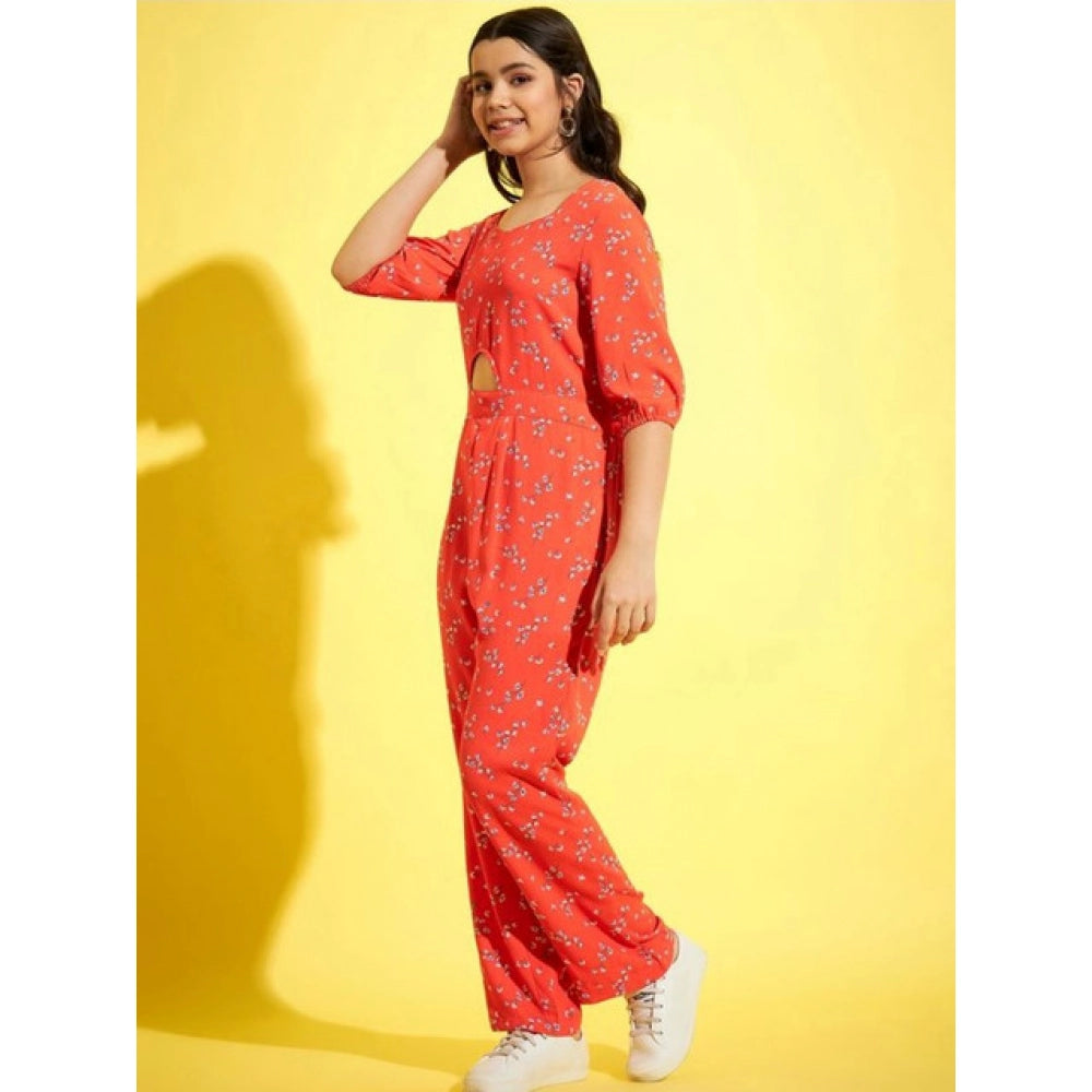 Girl's Floral 3/4th Sleeve Jumpsuit — Coral