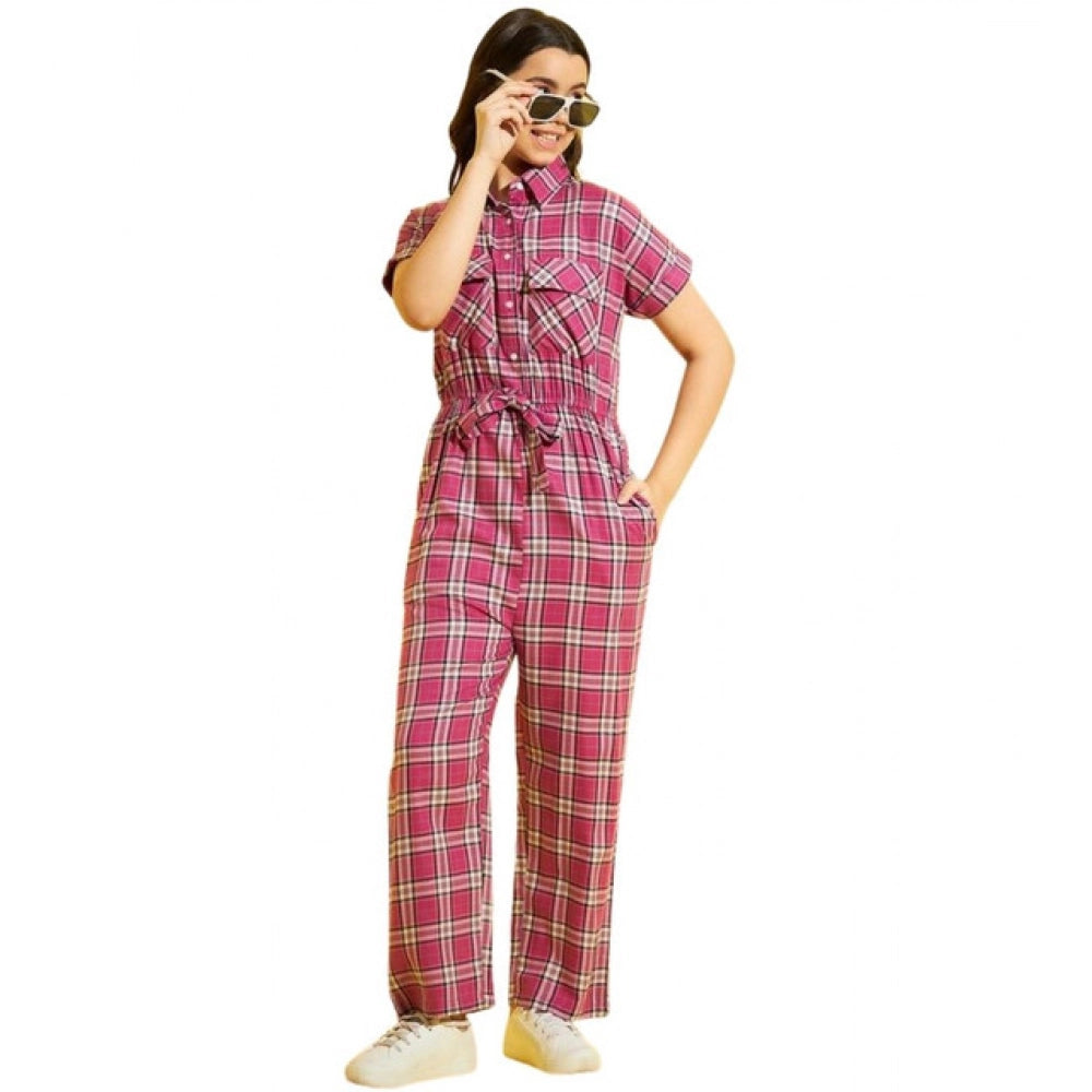 Girl's Cotton Checkered Short Sleeves Jumpsuit — Pink