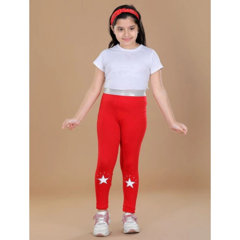 Girl's Cotton Lycra Star Print Elasticated Leggings — Red