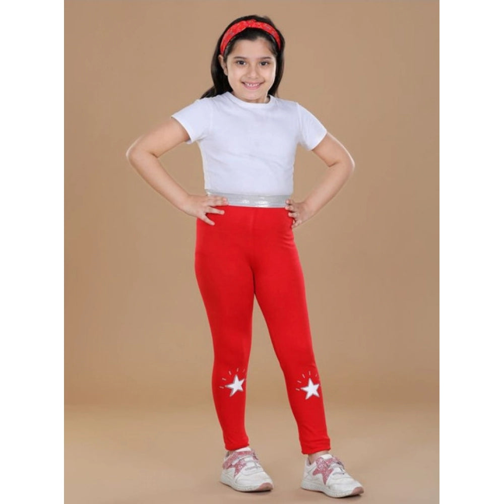 Girl's Cotton Lycra Star Print Elasticated Leggings — Red