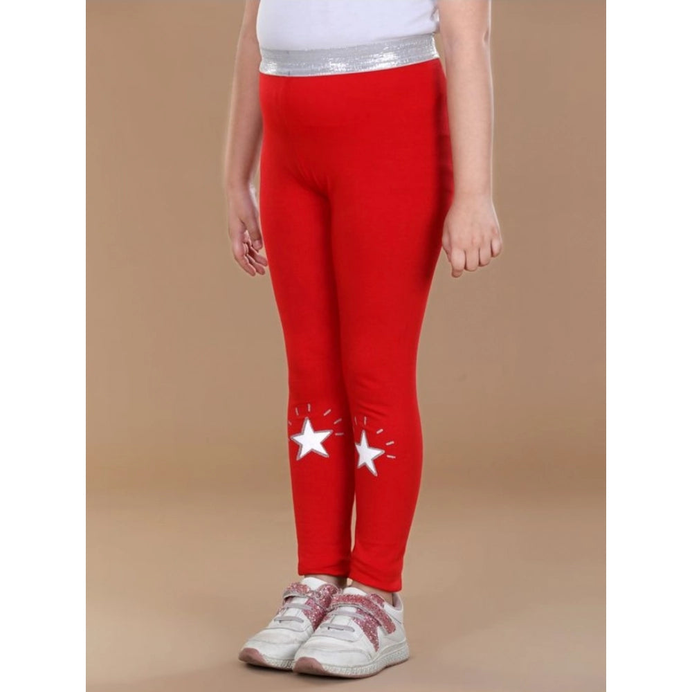 Girl's Cotton Lycra Star Print Elasticated Leggings — Red
