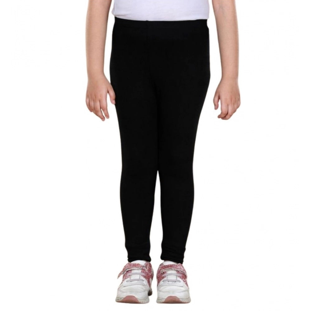 Girl's Cotton Lycra Solid Elasticated Leggings — Black