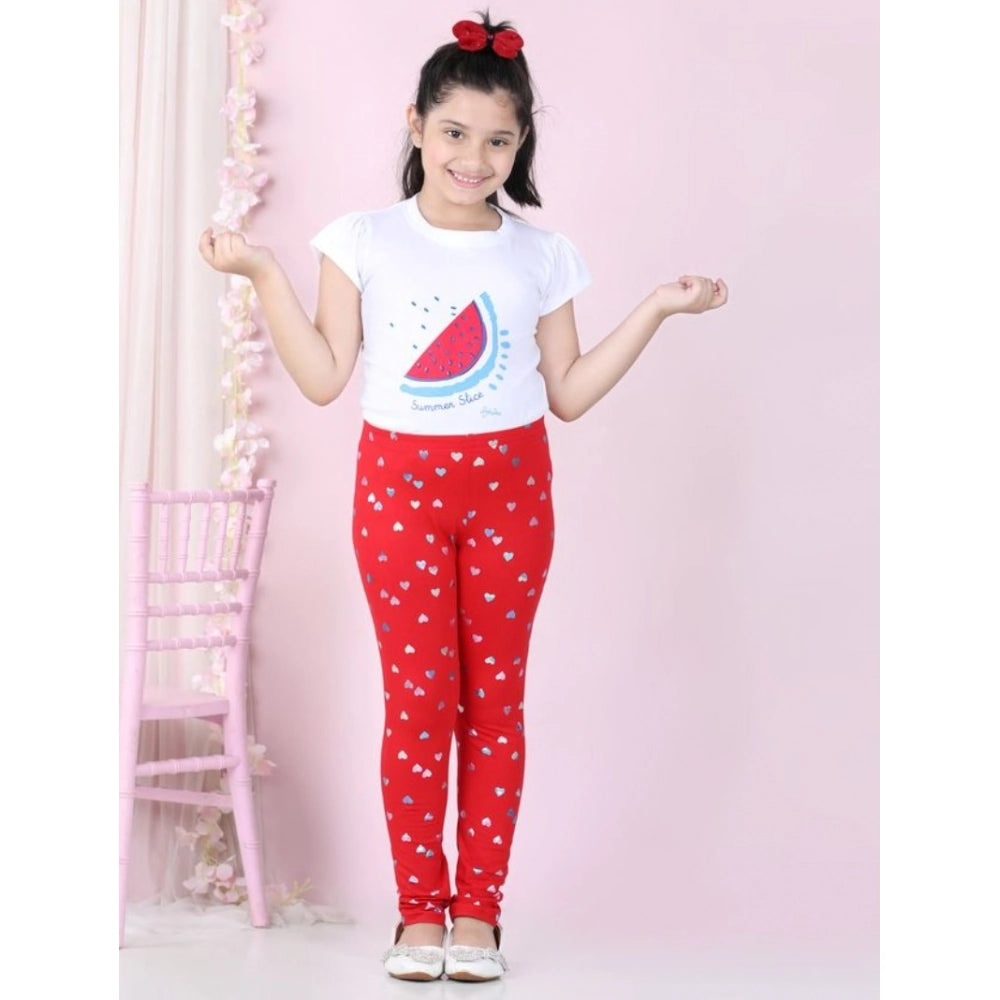 Girl's Cotton Lycra Embellished Elasticated Leggings — Red