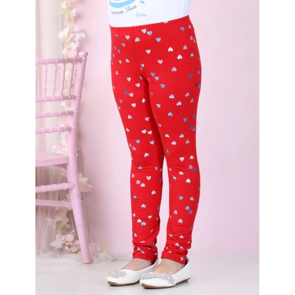 Girl's Cotton Lycra Embellished Elasticated Leggings — Red