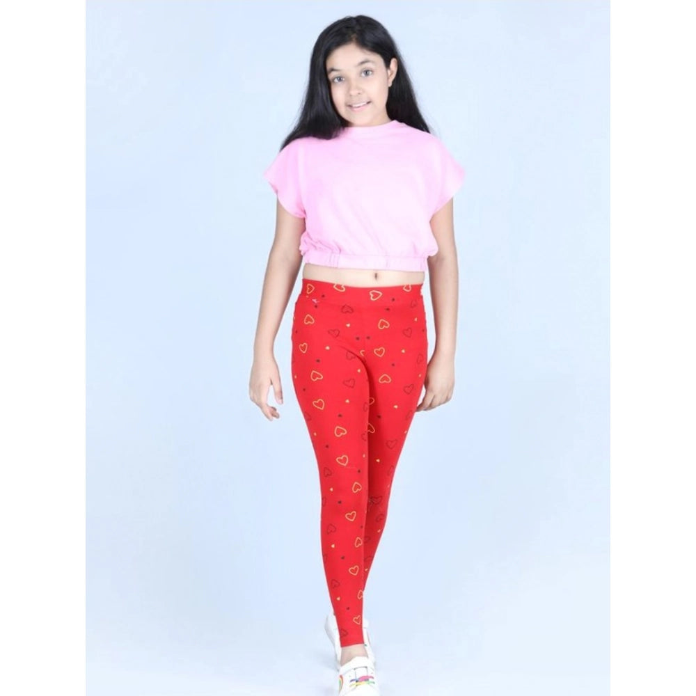 Girl's Cotton Lycra Printed Elasticated Leggings — Red · -YRS