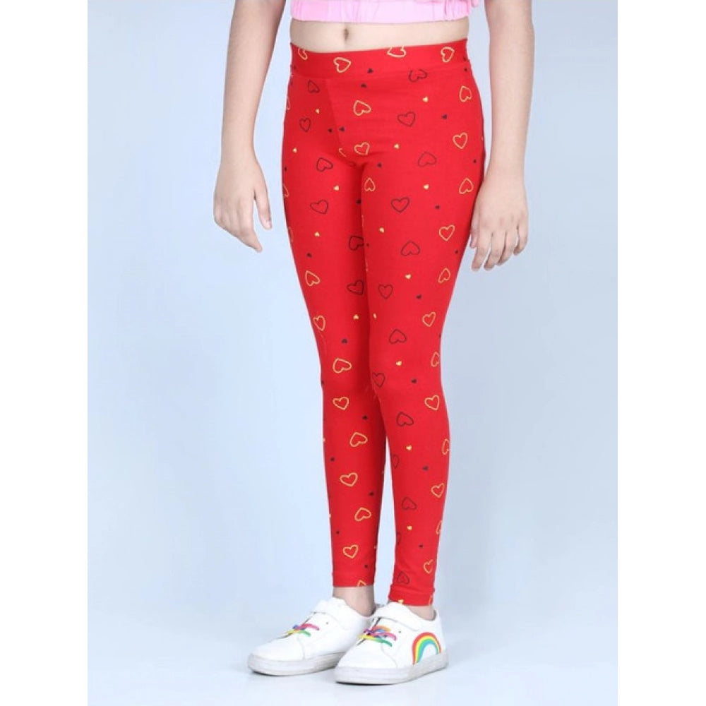 Girl's Cotton Lycra Printed Elasticated Leggings — Red · -YRS