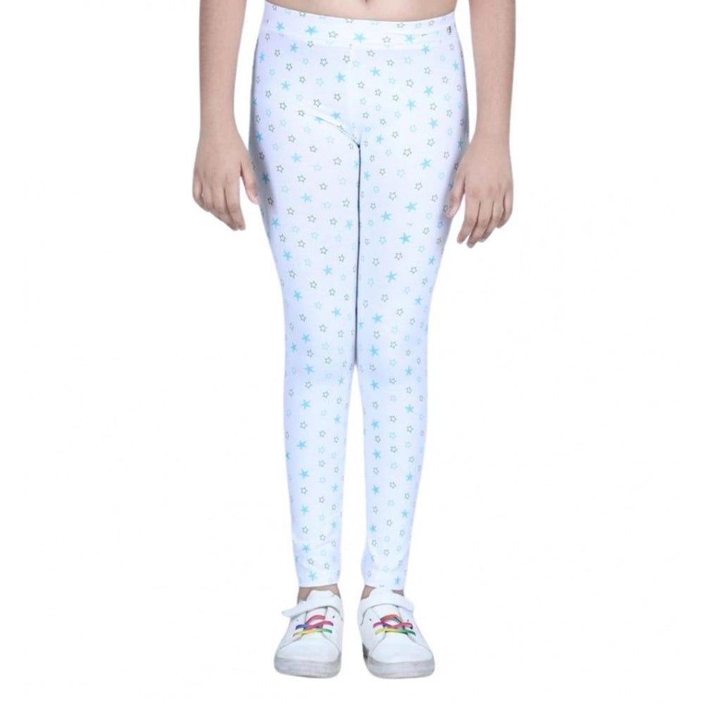 Girl's Cotton Lycra Printed Elasticated Leggings — White · -YRS