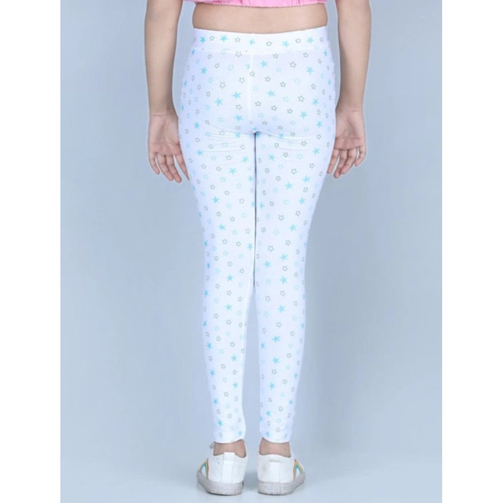 Girl's Cotton Lycra Printed Elasticated Leggings — White · -YRS