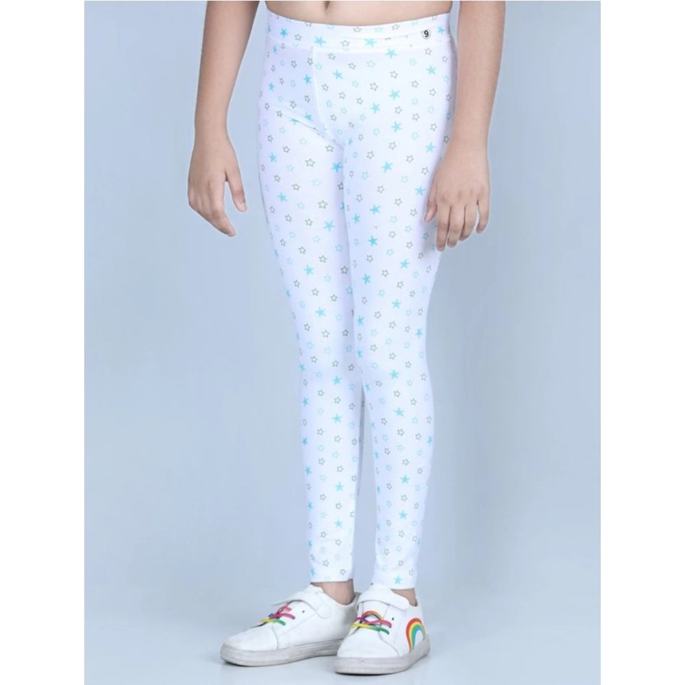 Girl's Cotton Lycra Printed Elasticated Leggings — White · -YRS